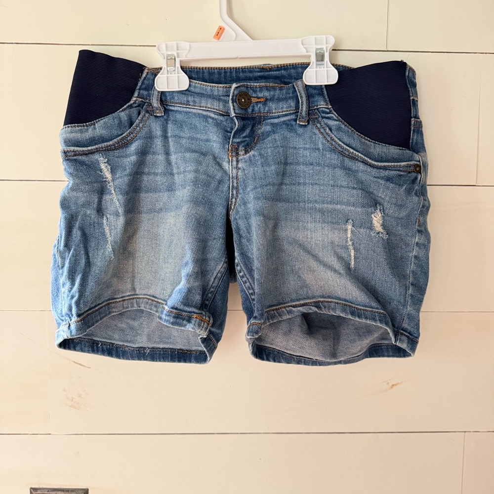 Indigo Blue Women's Maternity Jean Shorts - Distressed Denim